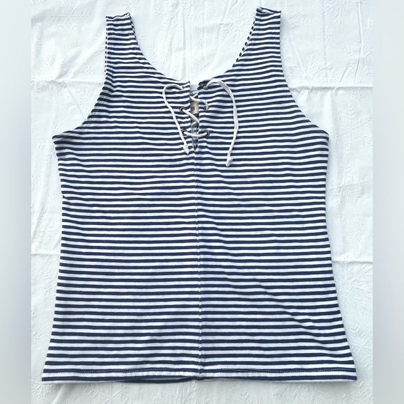 Blue and White Stripped Lace Up the Front Hollister Tank Top Size Medium - Picture 1 of 3